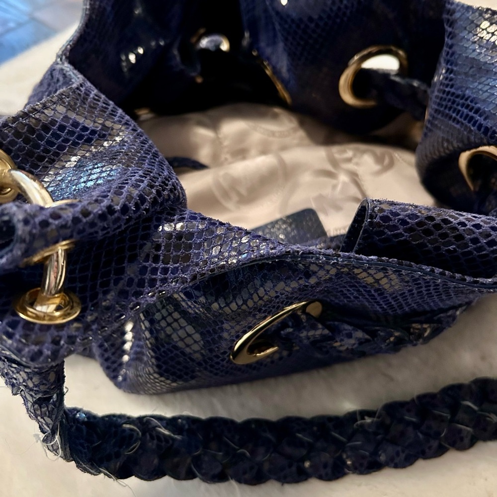 Michael Kors Blue /Black Monochrome Python-Embossed Leather Tassel Hobo - Picture 7 of 9